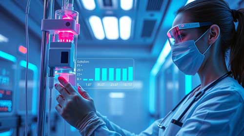 Clinician preparing and monitoring an intravenous electrolyte infusion